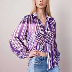 Vintage 70s sheer purple batik stripe boho peasant buttoned blouse top